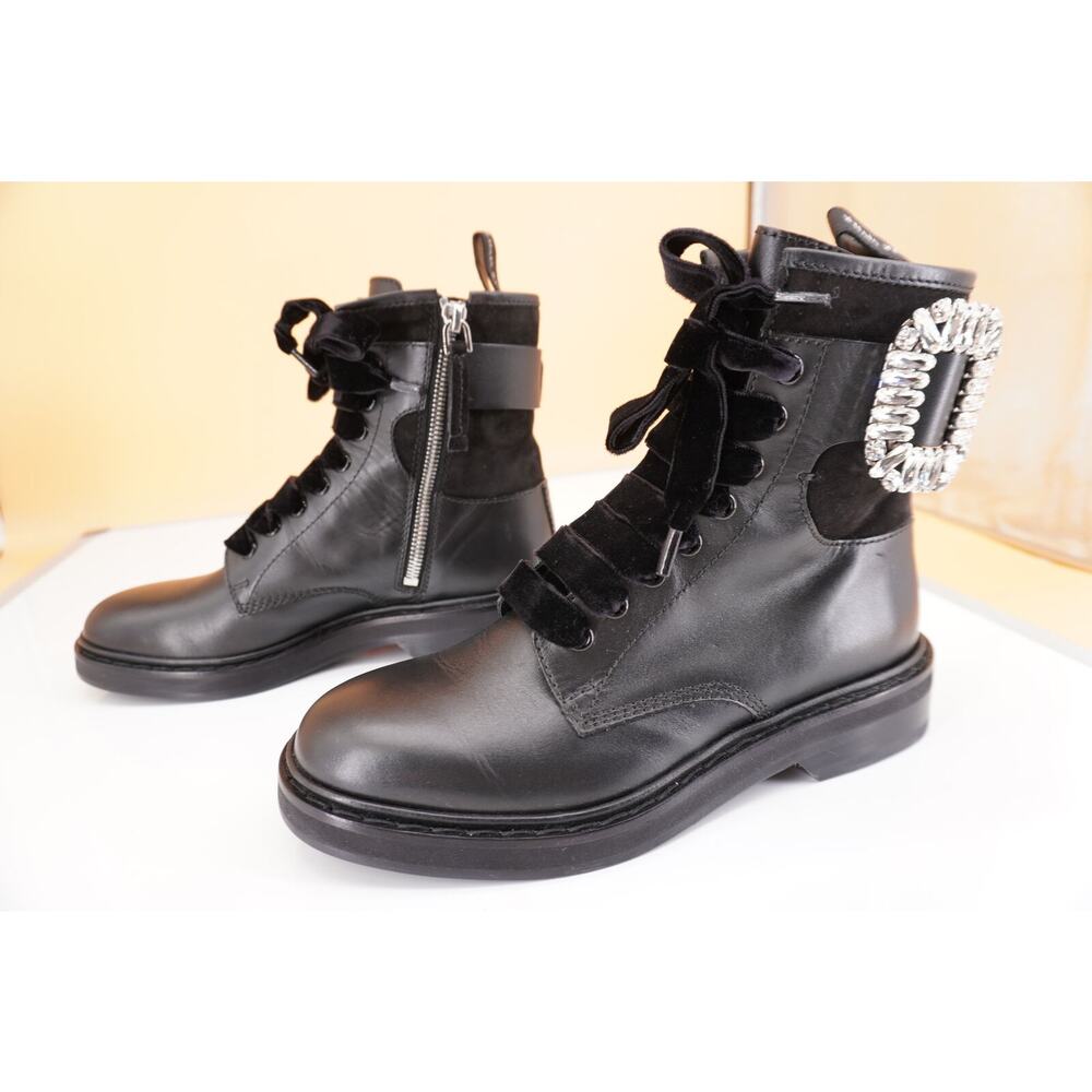 Roger Vivier Viv Rangers Buckle Boot Crystal Buckle Biker Sz 35.5 New $1875 lace - Picture 4 of 11